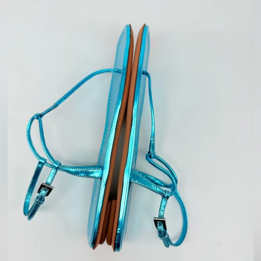 Prada Metallic Blue/ Turquoise patent leather T- strap Thong flat sandals EU 38 - Picture 5 of 9